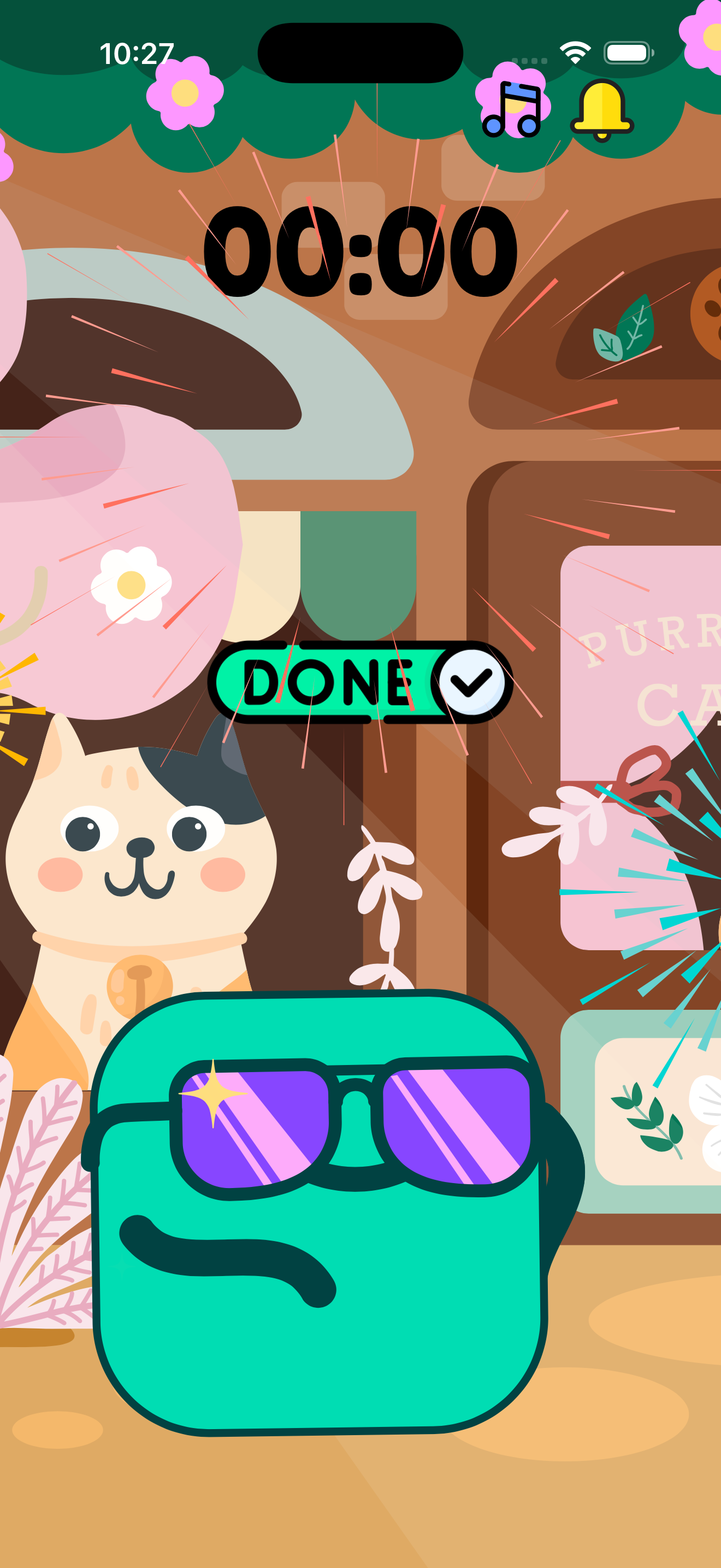 Cozy bakery scene — a kitty and a frog with sunglasses
