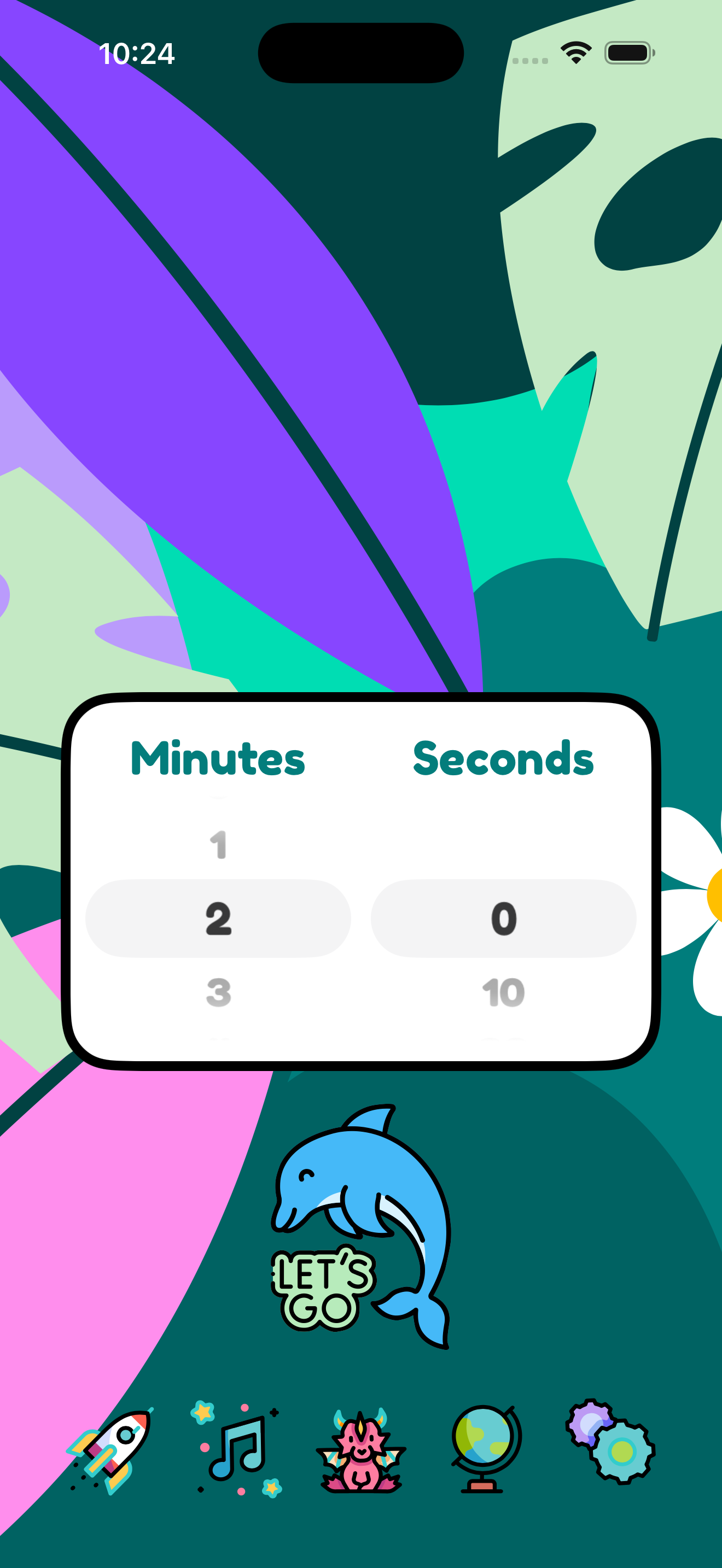 Dolphin says LET’S GO in a playful leafy scene