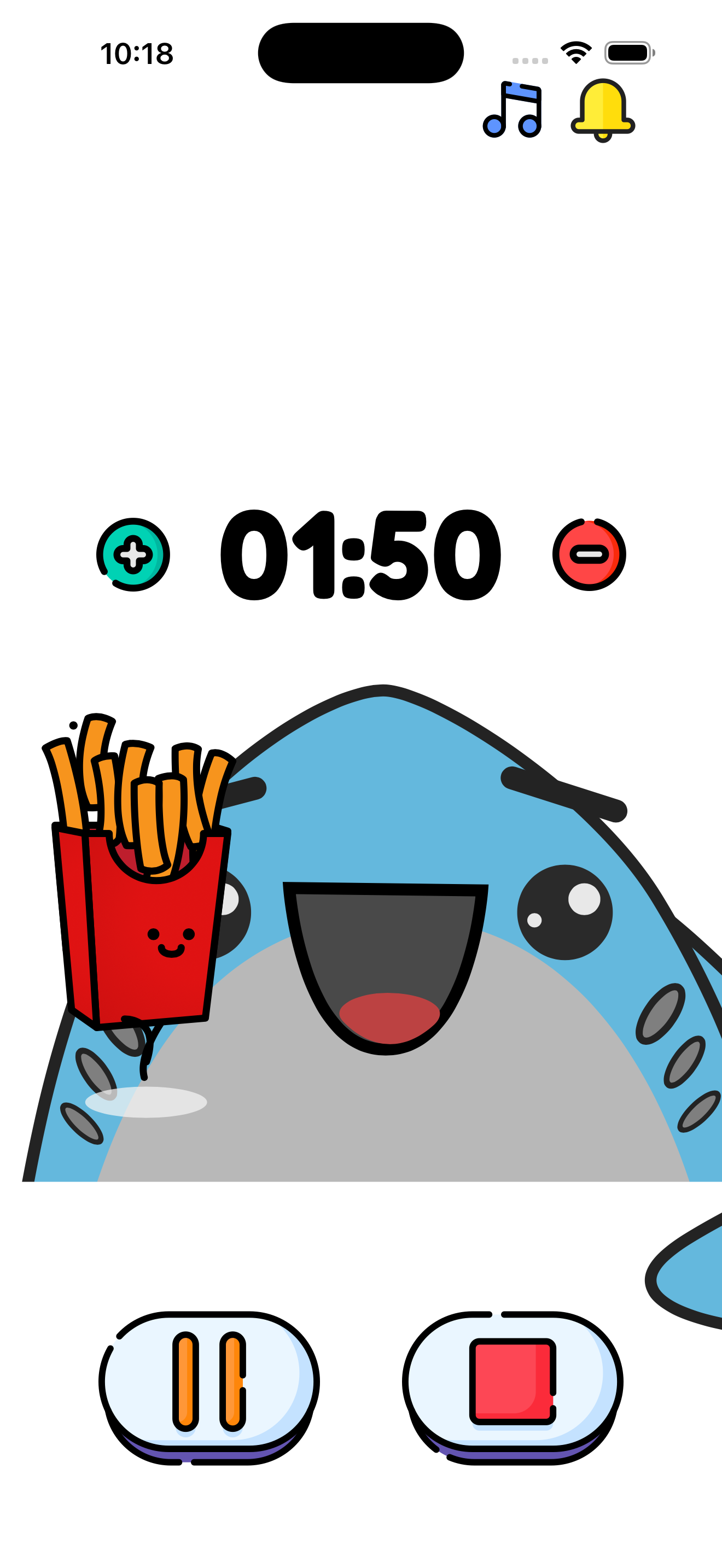 A cute shark character munching french fries while time runs