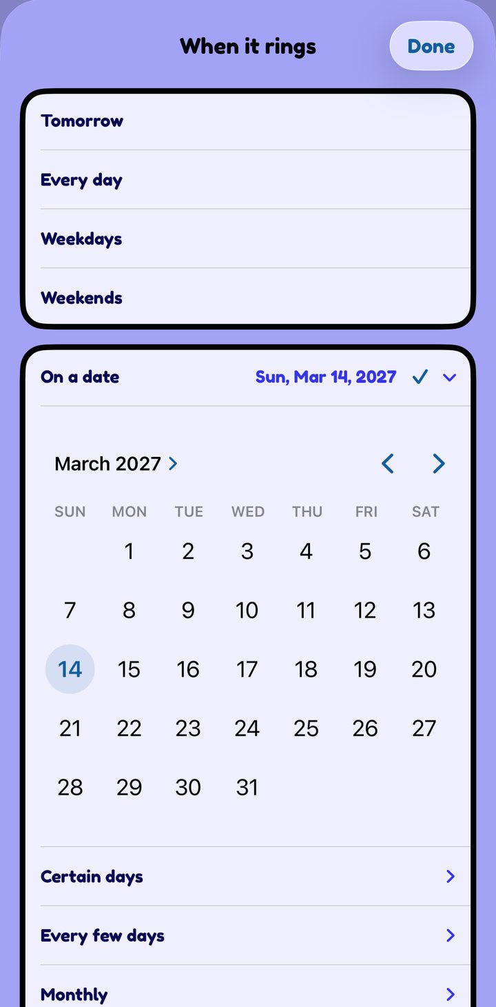 The “When it rings” sheet, with a calendar open on March 2027