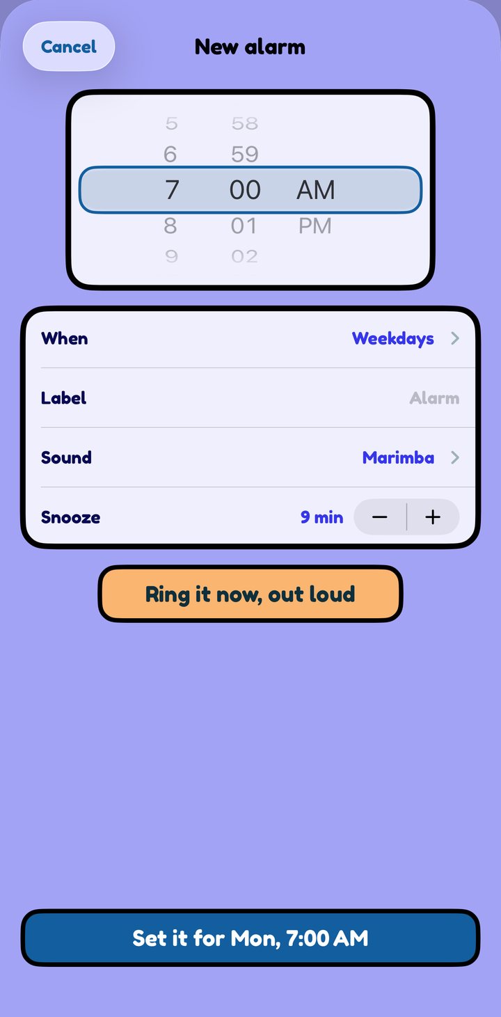 The new-alarm editor, with a “Ring it now, out loud” button