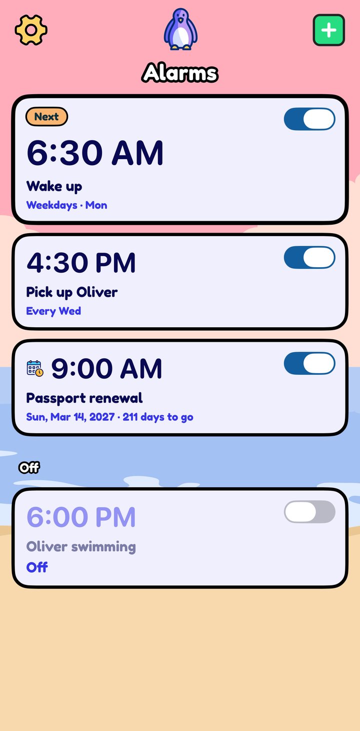 The Gentle Alarm alarm list, with an alarm set for a date in 2027