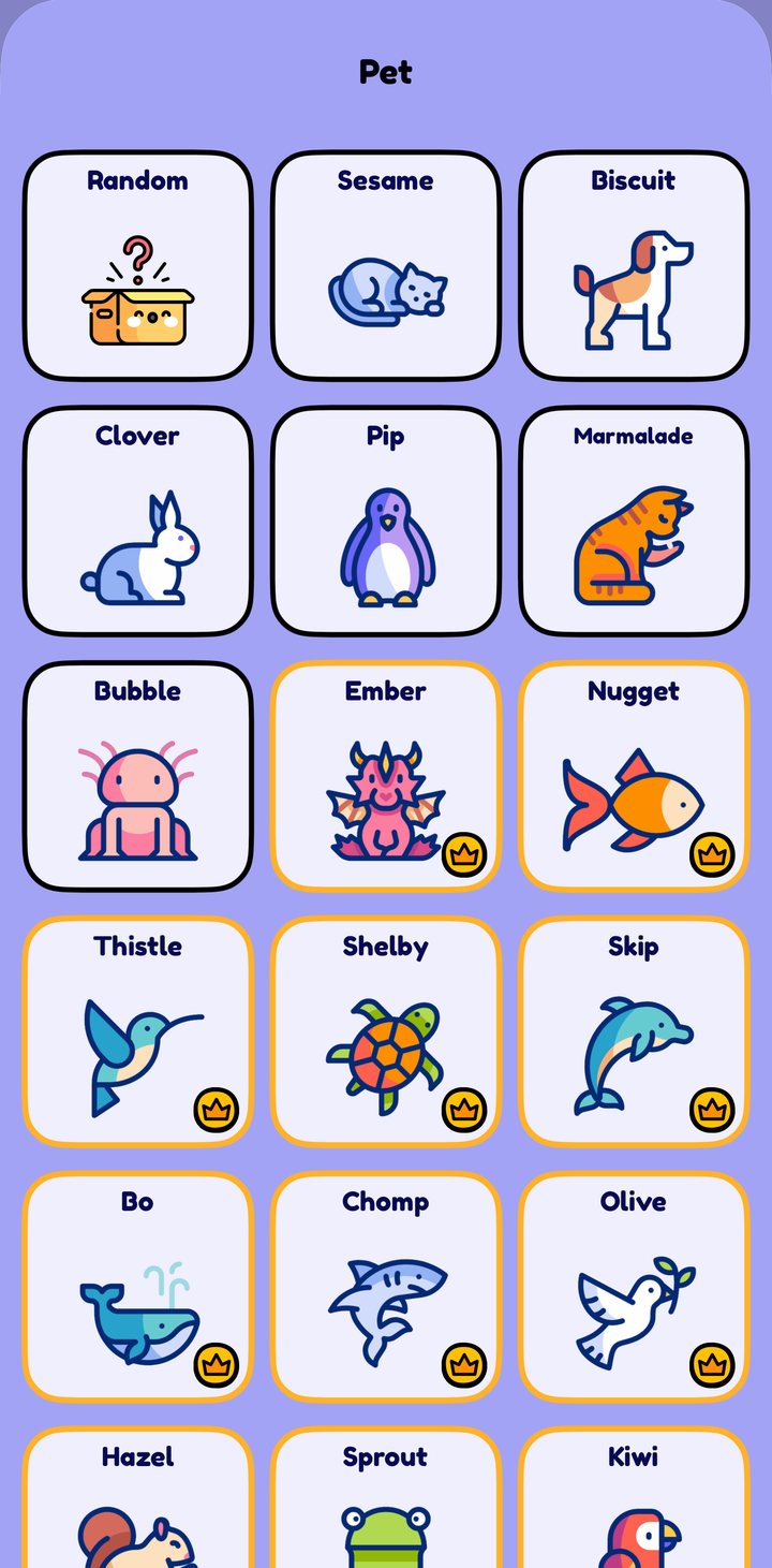 The pet picker, showing named animal tiles