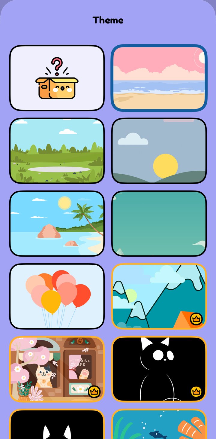The theme picker, showing a grid of animated themes