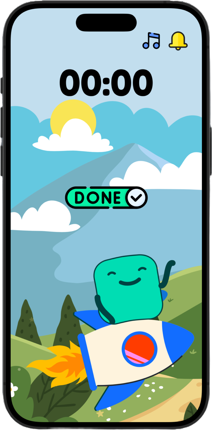 A Gentle Timer finishing — a happy character celebrates on a rocket as the timer reads done.